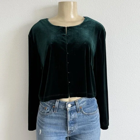 Vintage Whimsigoth 90s Velvet Emerald Cardigan 12 Rampage Cropped Rhinestone - Picture 1 of 7